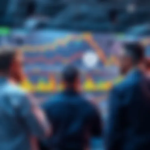 Group of people discussing trading strategies for Litecoin, with charts and graphs displayed on a screen