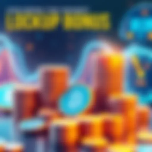 A visual representation of lockup bonuses showing a 700% growth with additional rewards, featuring stacks of coins and a timer for 1 and 3-year periods.