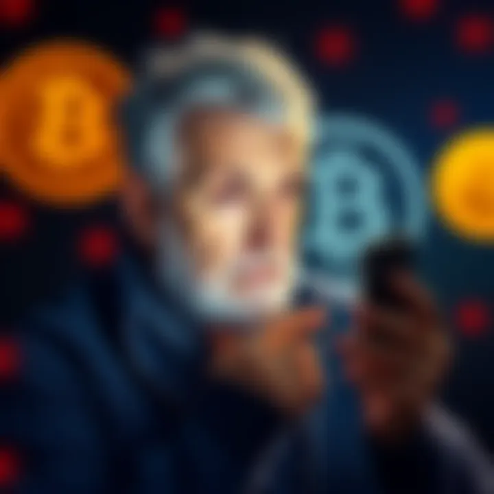 An elderly person looking worried while holding a smartphone, with a background showing a Trust Wallet logo and Bitcoin symbols.