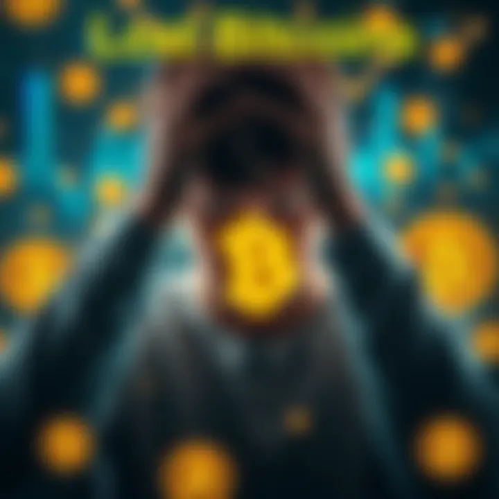 A person holding their head in disappointment, surrounded by digital graphics of Bitcoin symbols fading away, symbolizing lost digital assets.
