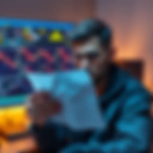 A person looking worried while holding a 24-word passphrase paper, with a computer screen showing cryptocurrency charts behind them.