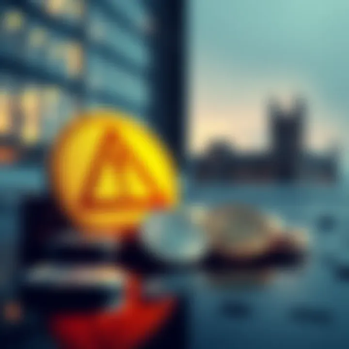 A graphic showing a warning sign and cryptocurrency coins, emphasizing money laundering risks for crypto companies in Luxembourg.
