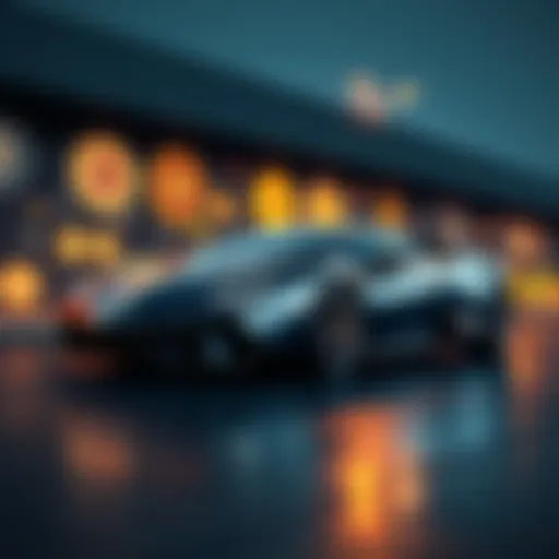 A sleek luxury sports car parked next to visual representations of various cryptocurrencies