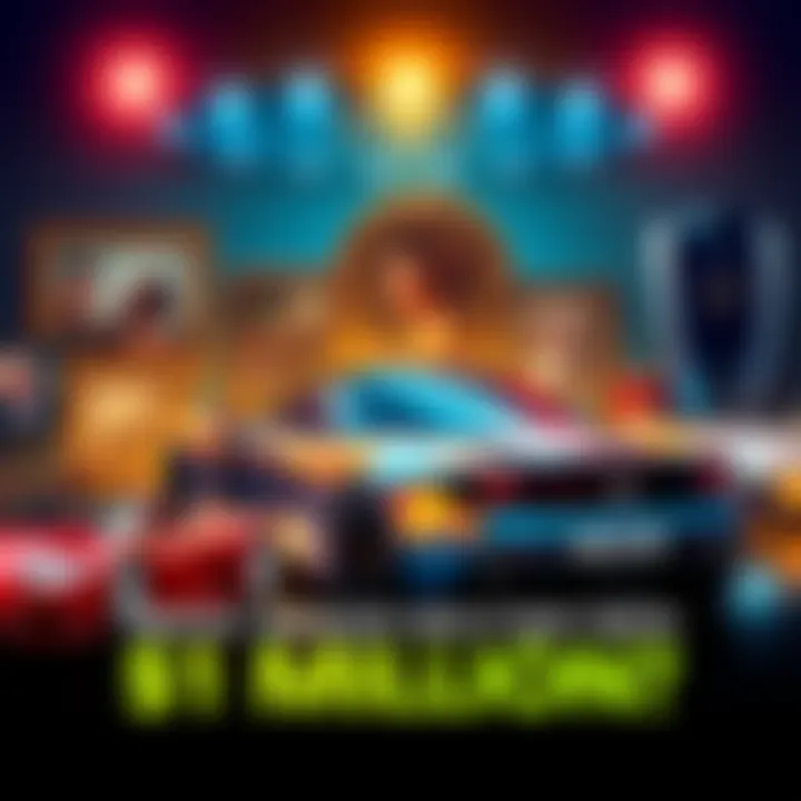A collection of luxury items including a sports car, fine art, and rare collectibles representing high-value purchases with one million dollars.