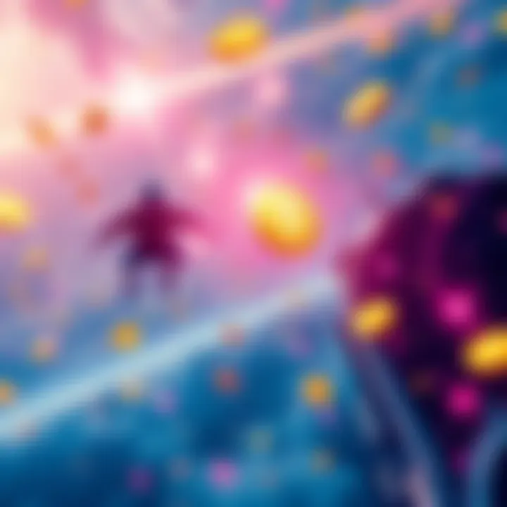 A colorful depiction of digital currency symbols like coins and dollar signs soaring through the sky, representing the rise of magic internet money.