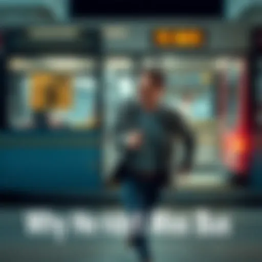 A man running to catch his bus just in time, with a humorous expression on his face.