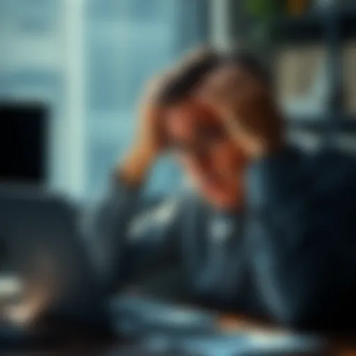 A distressed man sitting at a desk, looking at his laptop with a worried expression, reflecting the impact of a crypto scam.
