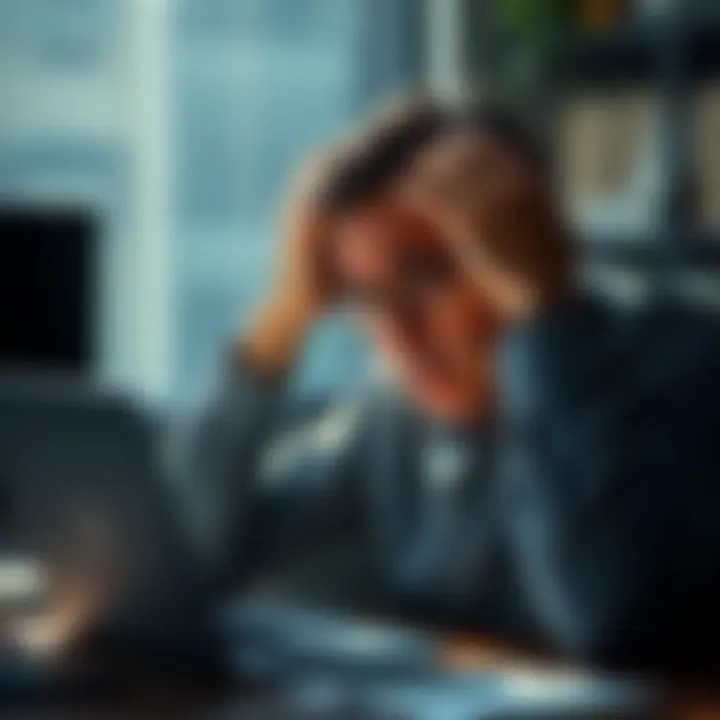 A distressed man sitting at a desk, looking at his laptop with a worried expression, reflecting the impact of a crypto scam.