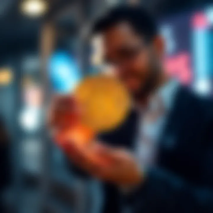 A man warmly handing over a Bitcoin symbol to another person, symbolizing generosity and kindness between strangers.