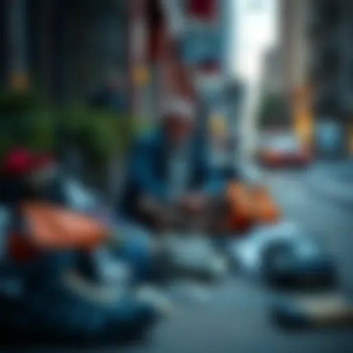 A homeless man surrounded by his possessions, looking dejected on a city sidewalk after a failed investment in Polygon.