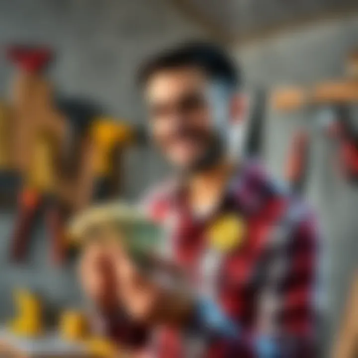 A man smiling as he counts cash after selling Bitcoin, with home renovation tools in the background.
