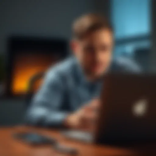 A man sitting at a desk, examining a suspicious email on his laptop with a concerned expression.