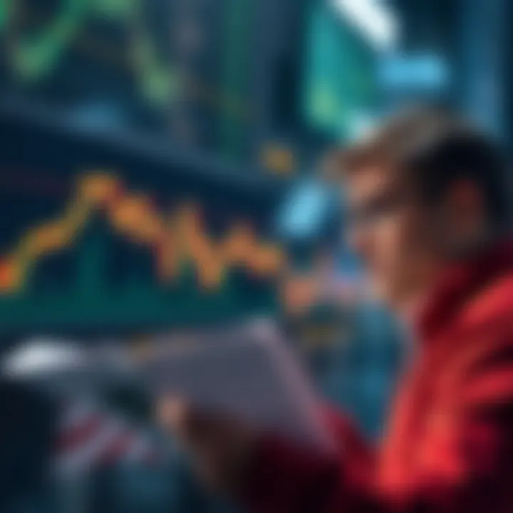 A graph showing a downward trend in the stock market with a worried investor looking at a financial report.
