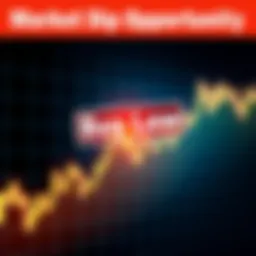 A graph showing a downward trend in the stock market with a bold 'Buy Low' sign overlayed, signaling a chance for investment during a dip.