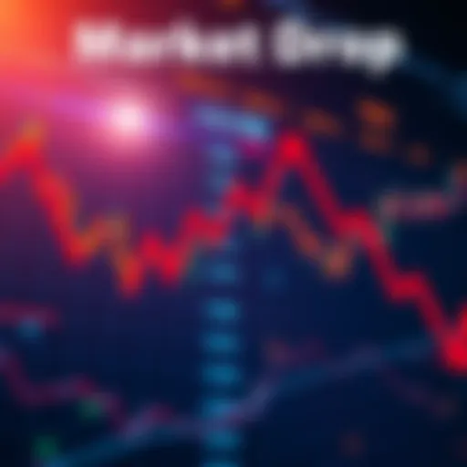 A stock market chart showing a downward trend with red arrows indicating falling prices.