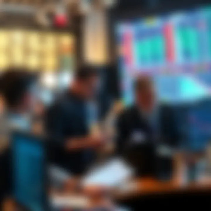 A group of financial traders analyzing market data and charts, discussing strategies in a busy trading room.
