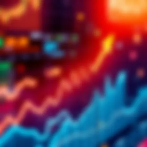 A graph showing a rising market trend with excitement and upward arrows.
