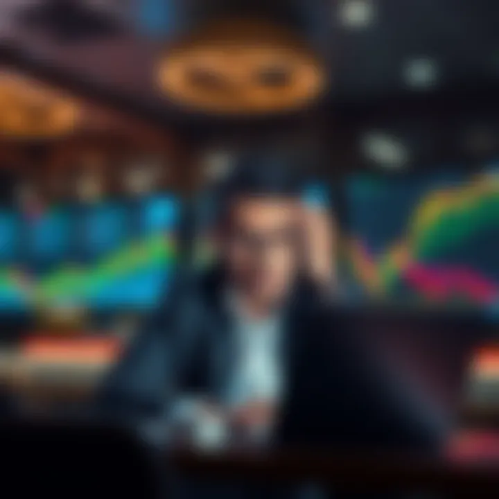A worried investor looking at stock market data on a laptop, contemplating the impact of tariffs on the market.