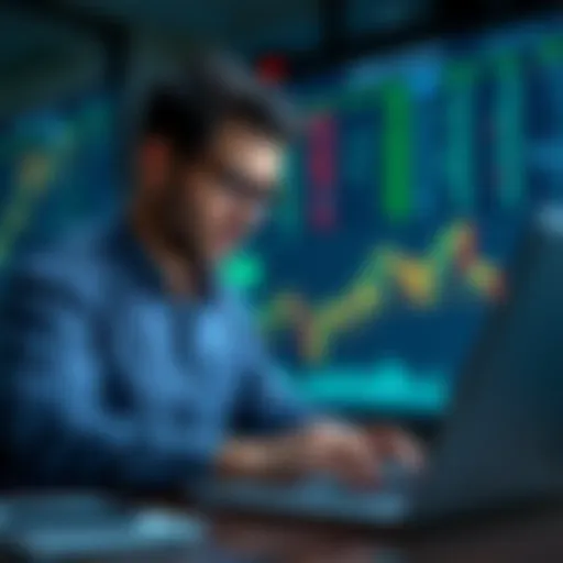 A worried investor analyzing market data on a laptop, looking at charts and graphs related to ETFs.