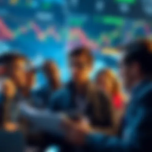 A group of people looking at stock charts with puzzled expressions, discussing market trends and missed opportunities after a significant dip.