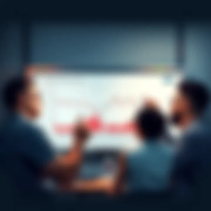 A group of people discussing market trends with charts and graphs on a whiteboard, showing a downward trend with a calm demeanor.