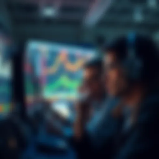 People observing a flat market trend on screens, showing signs of impatience and contemplation about selling positions.