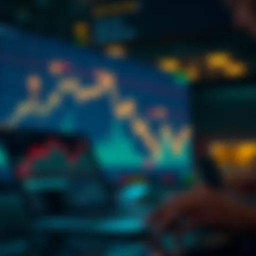 Market Predictions A graph showing market trends with arrows indicating past peaks and valleys, alongside a person analyzing data on a laptop