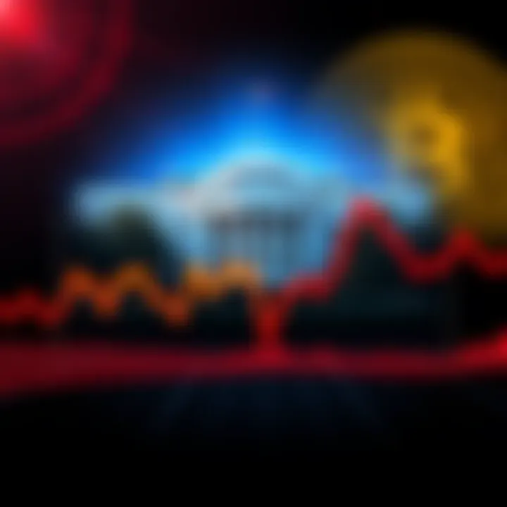 A stock market graph showing a downward trend with images of the White House and Bitcoin symbols in the background