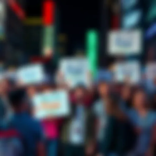 Group of marketers discussing strategies amidst market uncertainty, holding signs that say 'Buy the Fear'