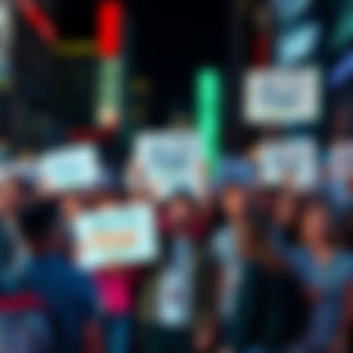 Group of marketers discussing strategies amidst market uncertainty, holding signs that say 'Buy the Fear'