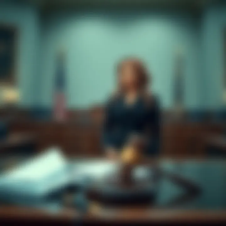 A depiction of Melania standing in a courtroom setting, surrounded by legal documents and a gavel, illustrating her journey from space concepts to legal matters.