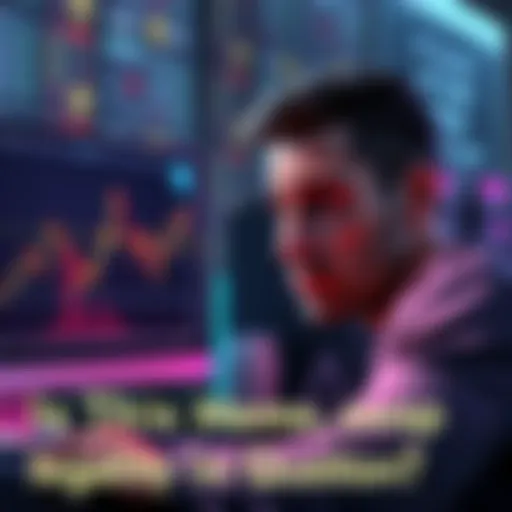 An investor looking worried while staring at a computer screen with cryptocurrency charts and a meme coin logo on the side.