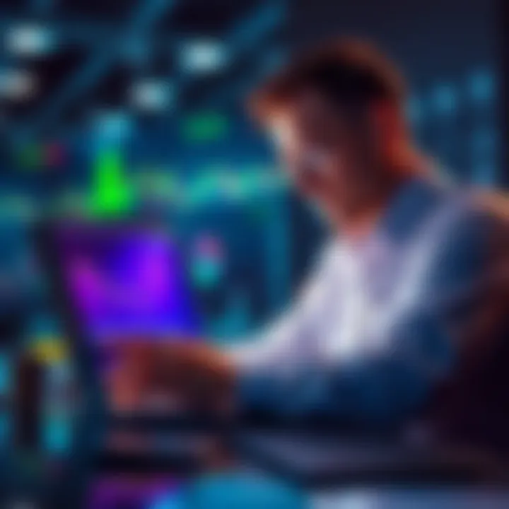 Memecoin Trading Trader looking at memecoin prices on a laptop with charts and graphs