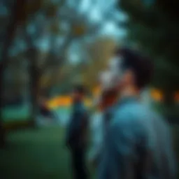 A thoughtful man looking at a couple in a park, reflecting on relationships and desires