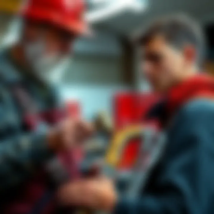 A seasoned worker showing tools to a younger person, highlighting the importance of mentorship in skilled trades.