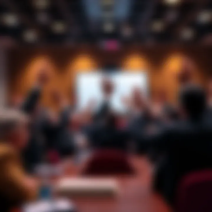 A group of shareholders raises their hands in a meeting, expressing rejection towards Meta's Bitcoin treasury proposal