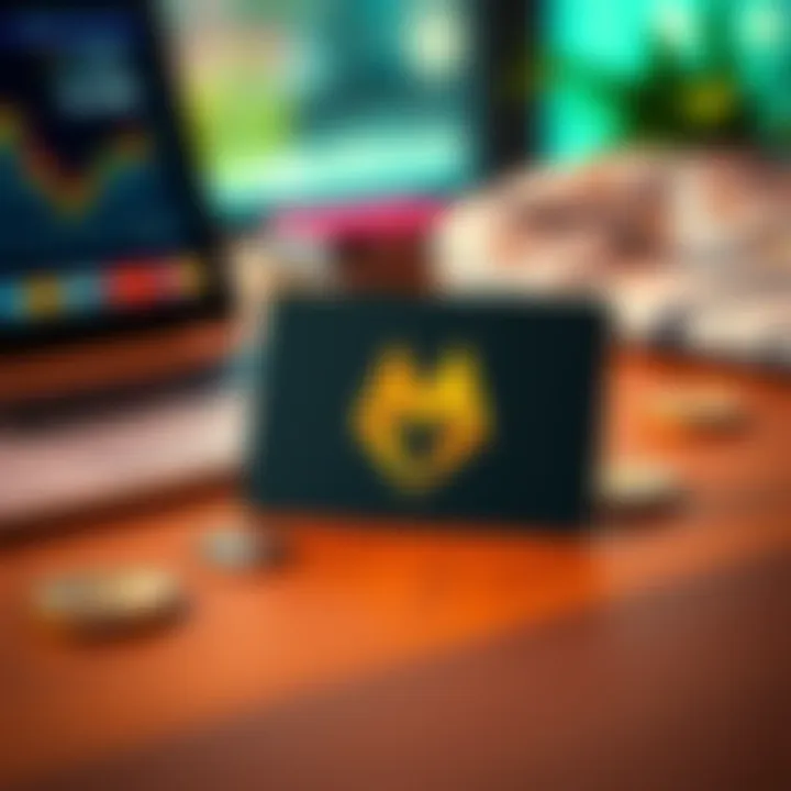 A Metamask Card displayed on a wooden table with a laptop and crypto coins nearby