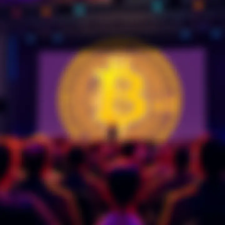 Michael Saylor speaking about Bitcoin adoption at a conference, with a projected Bitcoin logo in the background and an audience listening attentively.