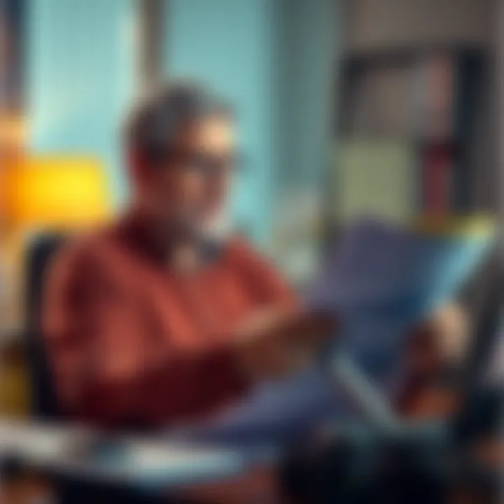 A middle-aged man sits at a desk, reviewing financial documents and looking thoughtful about his investments and lifestyle choices.
