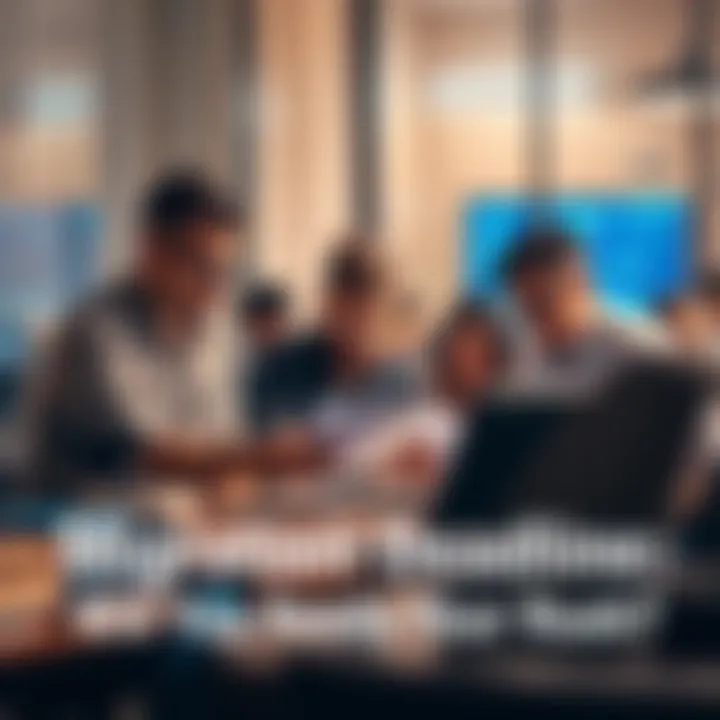 A group of people working together at a desk, looking at documents and laptops to finalize their migration plans before the deadline.