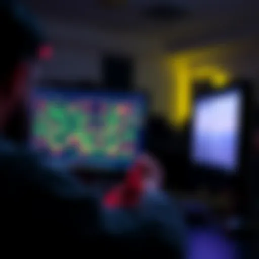 A person intensely focused on playing Minesweeper on a computer, with vibrant game graphics displayed on the screen and Dinkbot in the background providing commentary.