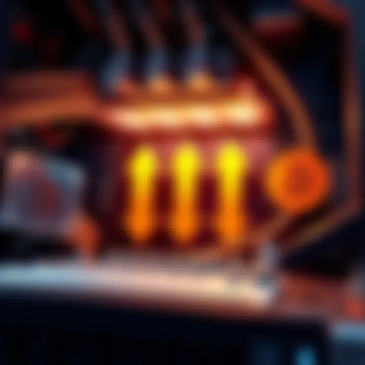 Mining Difficulty Drop A visual representation of a mining rig with downward arrows indicating a drop in difficulty, surrounded by cryptocurrency symbols.