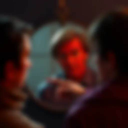 A person looking into a mirror, reflecting on their own faults while pointing at another person who is doing the same thing, symbolizing hypocrisy.