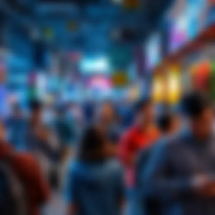 A busy marketplace with people using smartphones and digital payment options.