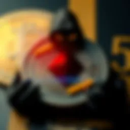 A digital representation showing Monero's 51% attacker looming over Dogecoin's logo on a Litecoin background, suggesting a threat to cryptocurrency security.