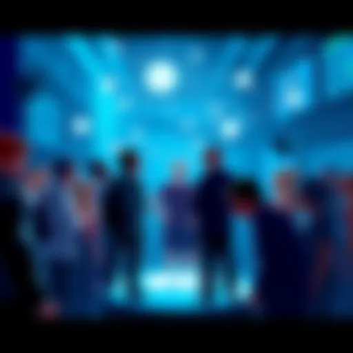 A graphic showing a group of people discussing and sharing ideas around a digital platform, representing the Monero community on Telegram.