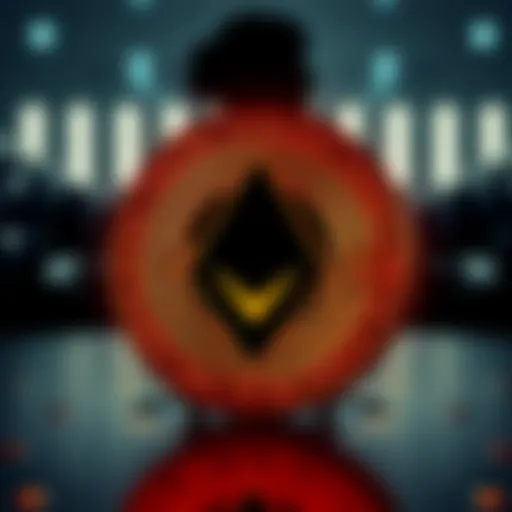 A digital representation of Monero cryptocurrency with a focus on its ban symbol and a silhouette of Christine Lagarde in the background, showcasing her influence in finance.