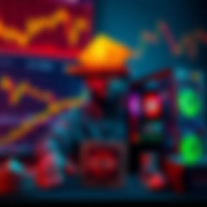 A person weighing the choice between buying Monero cryptocurrency and upgrading a PC with a Ryzen 7 5700X processor, surrounded by financial charts and computer parts