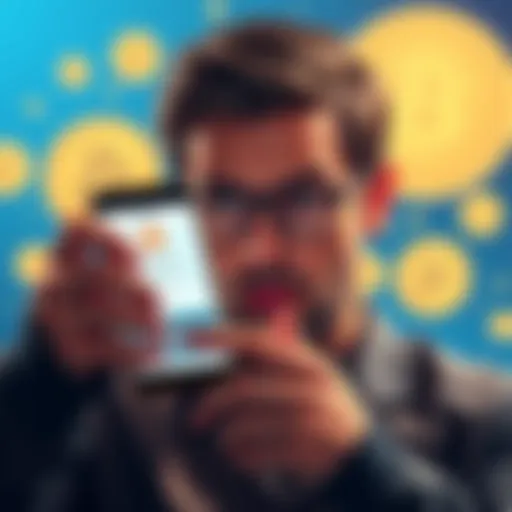 A person looking frustrated while using a smartphone with a banking app showing a frozen account message, alongside Bitcoin symbols in the background