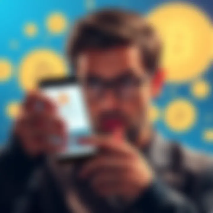 A person looking frustrated while using a smartphone with a banking app showing a frozen account message, alongside Bitcoin symbols in the background